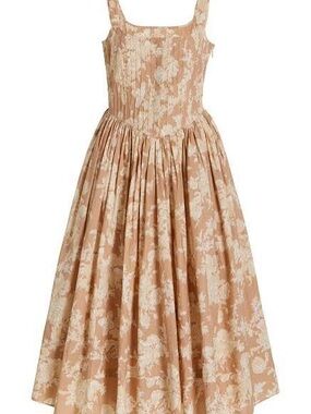 LoveShackFancy Majory Cream Floral Tan Midi Dress